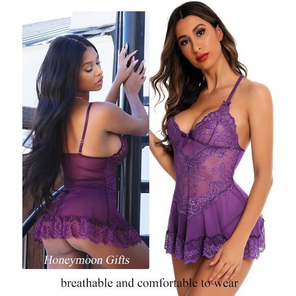 Women Purple Lingerie Lace Babydoll Mesh Chemise Sleepwear Bridal Nightdress - Picture 2 of 5